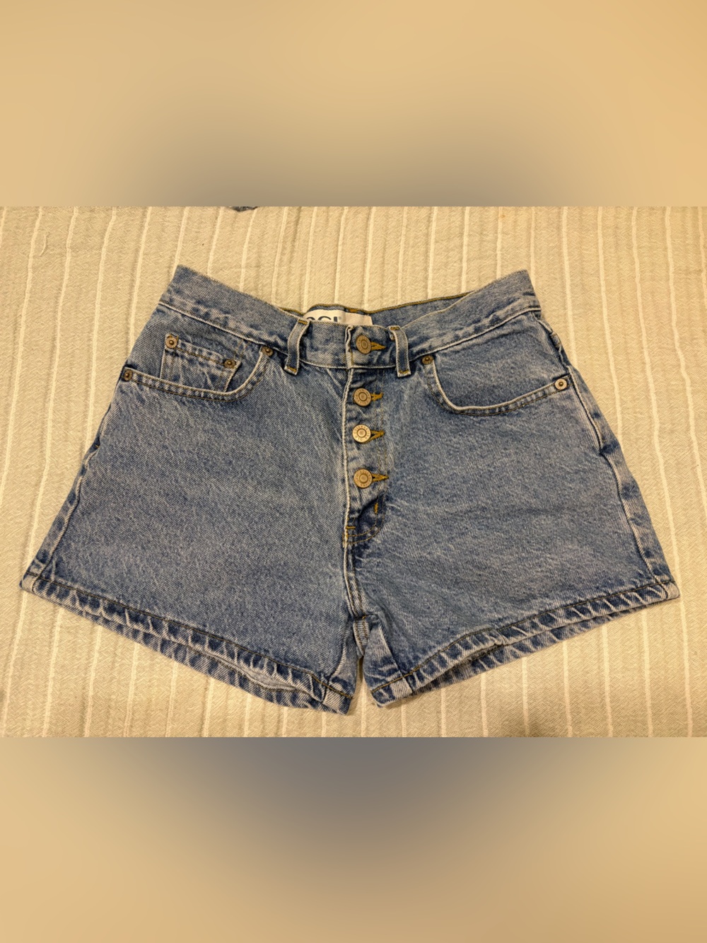 High-Rise Button-Fly Blue Denim Shorts